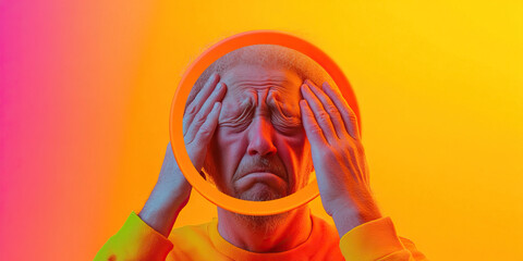 Portrait of Senior Man with Head in Hands and Orange Ring