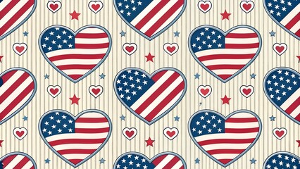 Obraz premium American vector seamless pattern. Hearts with USA flag on striped background. Best for textile, festive decorations, wallpapers, wrapping paper and web design. 