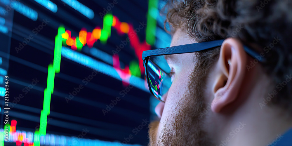 Poster man viewing stock market data on computer screen
