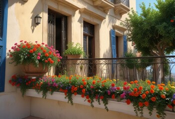Naklejka premium Altitude view of a balcony adorned with vibrant Mediterranean flowers and greenery , pflanzenart, mediterran