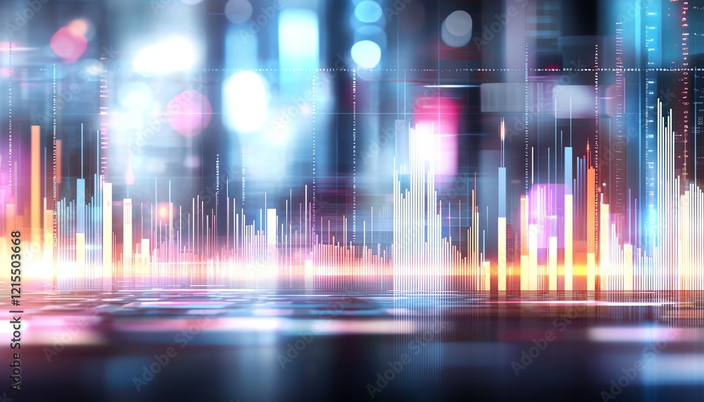 Poster abstract digital visualization representing data analysis with colorful sound waves on a futuristic 