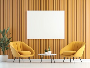 Cozy living room with yellow armchairs, a white table, and an empty canvas on a wooden accent wall. Perfect for showcasing modern interior design and inviting decor.