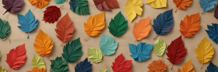 an arrangement of colorful paper leaves in a naturalistic pattern on a burlap background , naturalistic pattern, autumnal decor