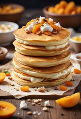 A stack of baked pancakes topped with a layer of curd cheese and diced apricots, garnished with chopped nuts, curd cheese, dessert