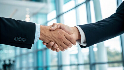 Businessmen making handshake with partner, greeting, dealing, merger and acquisition, business cooperation concept, panoramic banner, copy space for business, finance and investment background