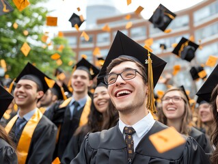 Joyful graduation celebration with smiling graduates tossing their caps in the air, symbolizing achievement and new beginnings in a festive outdoor setting.