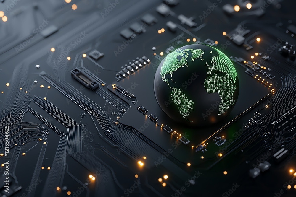Poster a close-up view of a globe representing earth placed on a dark circuit board, symbolizing the inters