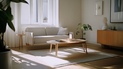 Fototapeta premium A sunlit modern living room with soft furnishings and art pieces creates an inviting, harmonious vibe.