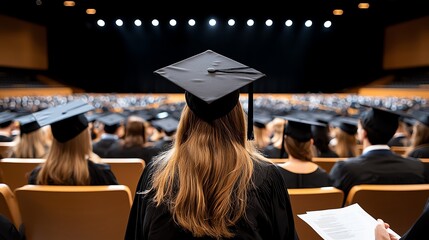 Obraz premium A student in a graduation cap sits in a crowded auditorium, preparing for the ceremony. The atmosphere is filled with excitement and anticipation for the event ahead.