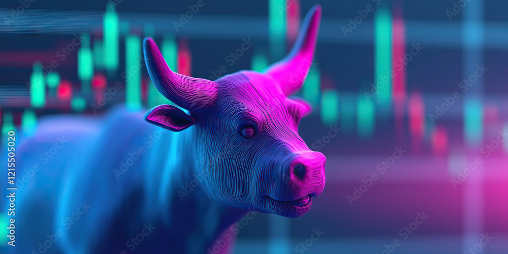 Poster three-dimensional bull model with candlestick chart background
