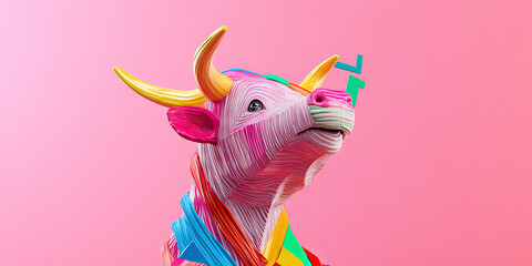 Obraz premium Stylized Bull Sculpture with Colorful Stripes and Pink Background