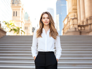 Fototapeta premium A confident young woman in a white blouse and black trousers stands casually on steps in a city. Modern architecture in the background adds to the professional vibe.