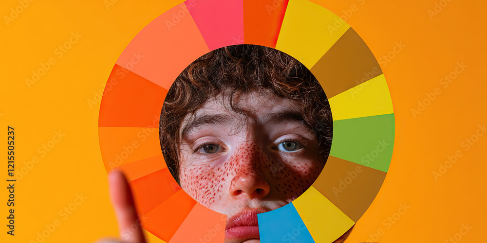 Poster portrait of person partially obscured by circular color chart