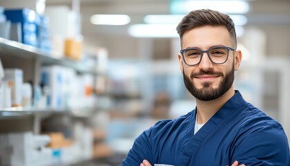 Obraz premium Confident male healthcare professional in a medical environment, smiling and wearing scrubs, showcasing expertise and dedication in the healthcare field.