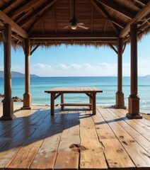 A stunning wooden table top placed in a beachside gazebo with a blurred sparkling sea water and clear blue summer sky above it, sea glass, wooden gazebo, driftwood