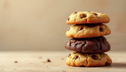 A stack of chocolate chip and dark cookies with a warm, inviting appeal.







