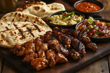 A close-up of a Pakistani mixed grill platter with chicken wings, kebabs, and seekh kebabs, served with a side of naan and vibrant sauces, placed on a rustic wooden table.