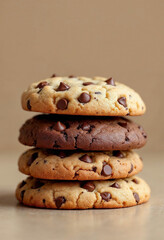 A stack of chocolate chip and dark cookies with a warm, inviting appeal.







