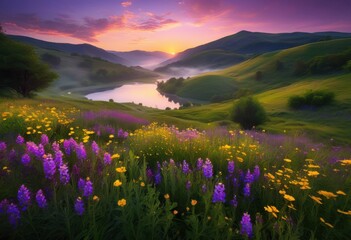 Obraz premium majestic sunrise over vibrant landscape featuring lush green colorful reflective water body uniting beauty dawn, hills, flowers, nature, colors, scenery