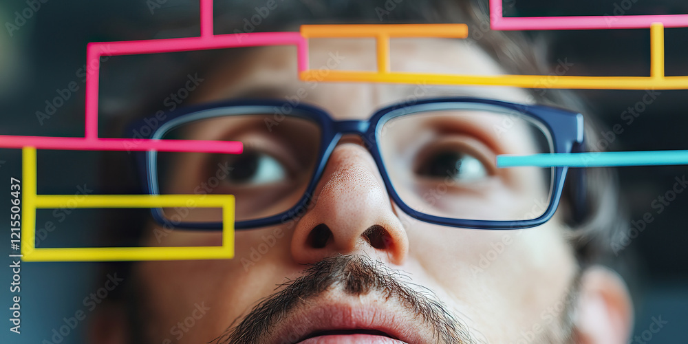 Poster man's face with overlaid rectangular flowchart