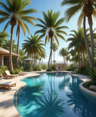 A tranquil oasis with a sparkling pool nestled among swaying palm trees under a bright blue sky, natural, palm tree