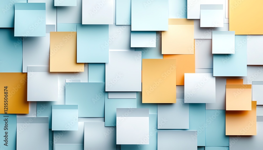 Poster colorful abstract composition of overlapping square shapes in various shades, creating a modern and 