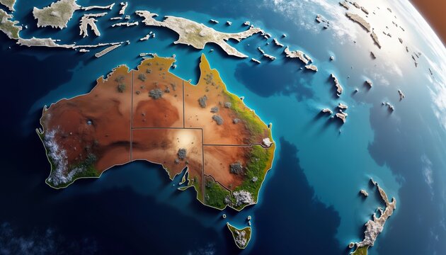 High angle view of Australia, surrounding islands. Diverse landscapes visible including deserts grasslands, coastal areas. Many islands seen in ocean around Australia. Landscapes vary in color