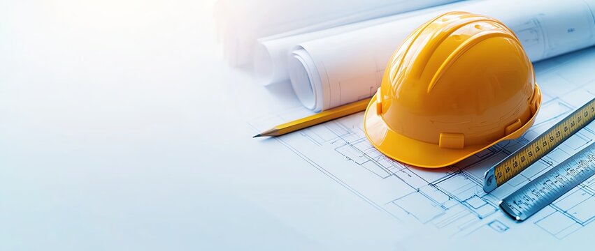 A close-up of a yellow hard hat placed next to engineering blueprints, a ruler, and a pencil. The background is softly blurred, focusing on construction and design elements.