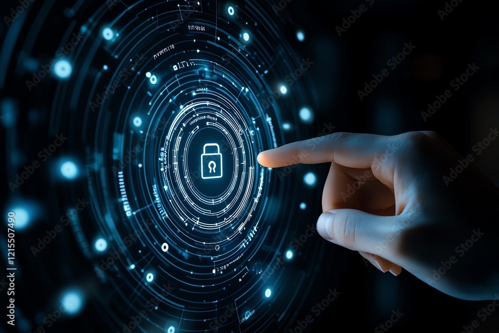 Poster a hand pointing at a digital lock icon in a futuristic interface, showcasing cybersecurity and techn