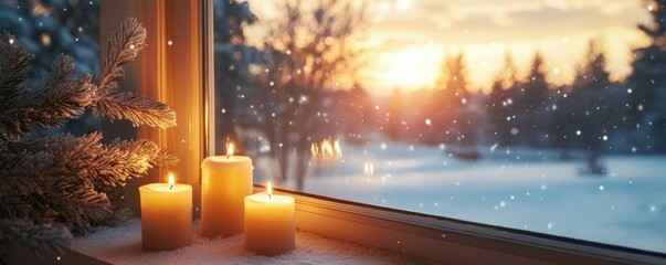 Winter scene with snowy landscape and candles by a window at sunset