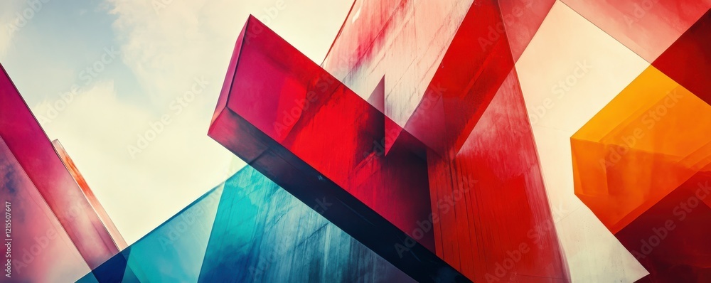 Poster abstract geometric architecture with multicolored glass panels in urban setting