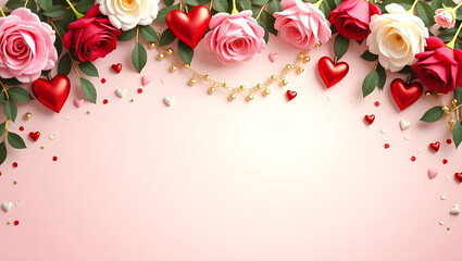 Valentine's Day background featuring vibrant roses and decorative hearts, perfect for romantic celebrations