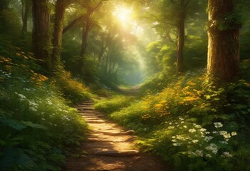 Fototapeta premium captivating forest pathway surrounded lush greenery inviting adventurers explore vibrant nature trails, trees, plantation, foliage, landscape, bushes, light