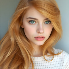 Naklejka premium Elegante mujer de cabello rojo y ojos cristalinos.