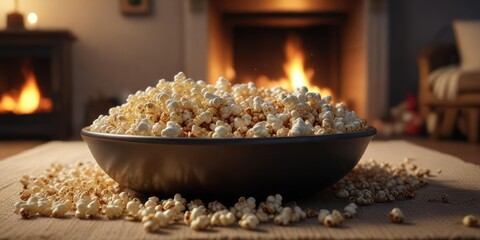 A warm and cozy Christmas scene with a bowl of freshly popped popcorn and a crackling fire in the background, fire crackle, twinkling lights, popcorn