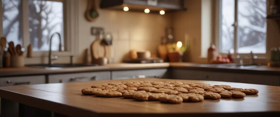 A warm and cozy kitchen scene with cookies baking on the counter, cookie platter, holiday treats, festive food