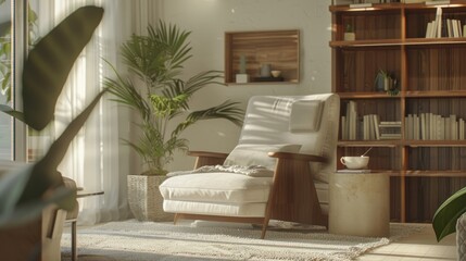 Sunlit living room armchair, bookshelves, plants