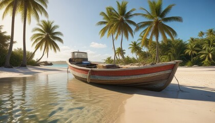 A weathered wooden boat partially submerged in shallow water at the edge of a sandy beach with palm trees swaying in the breeze, sand, boat