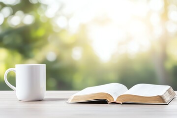 Naklejka premium A cozy scene featuring an open book beside a white coffee cup on a wooden table, with a soft, blurred natural background creating a serene and inviting atmosphere.