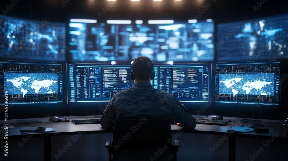 Poster a focused individual analyzing data on multiple computer screens in a modern control room. the blue 