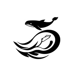 Abstract Whale in Ocean Waves: Black and White Marine Wildlife Vector Graphic