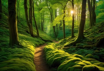 majestic forest path leading into endless greenery surrounded tall trees vibrant canopy foliage, adventure, air, blooms, biodiversity, brush, canopies