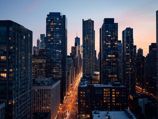 Naklejka premium Twilight Metropolis: Urban Canyons Illuminated