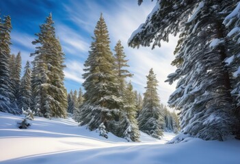 Obraz premium breathtaking frozen landscape featuring lush snow capped pines beneath expansive blue sky soft white snow covering ground, evergreen, tree, winter, nature