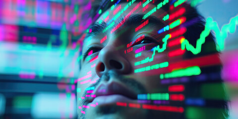 Man's Face Overlaid with Data Streams and Graphs