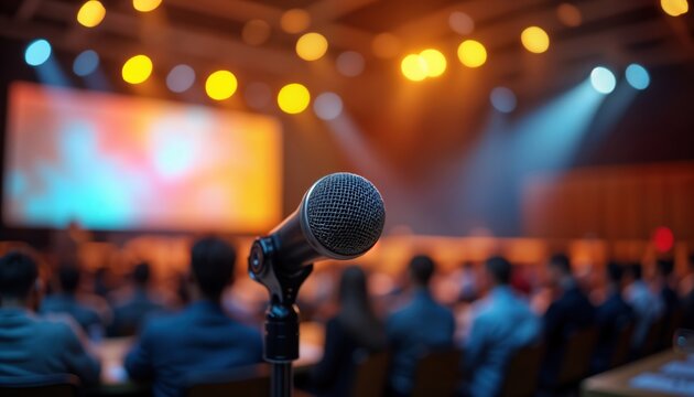 Microphone stands on stage ready for presentation. Large screen behind displays colorful content. Audience attentively listens in auditorium. Pro tech setup for event meeting. Public address system