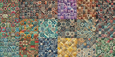 Creative patchwork tiled backgrounds. AI generated illustration