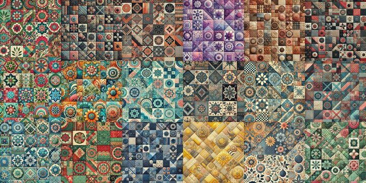 Creative patchwork tiled backgrounds. AI generated illustration