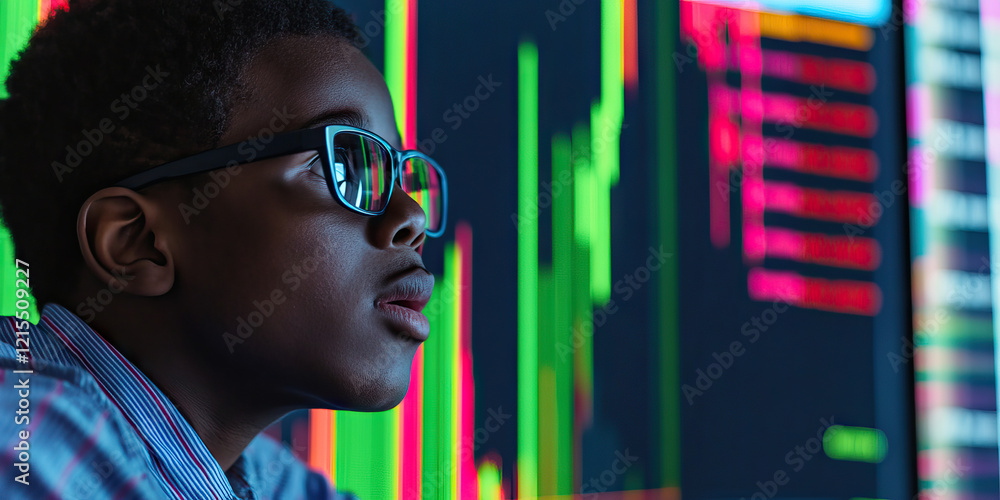 Poster youth observing data on computer screen