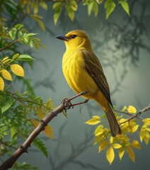 A yellow bulbul's perch on a branch with leaves and twigs, outdoor scene, leaves